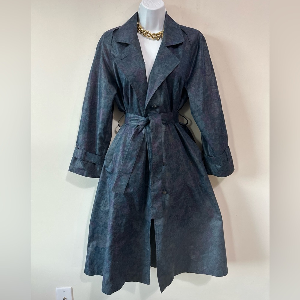 Vintage Blue, Purple & Green Floral Print Belted Trench Car Coat By London Fog